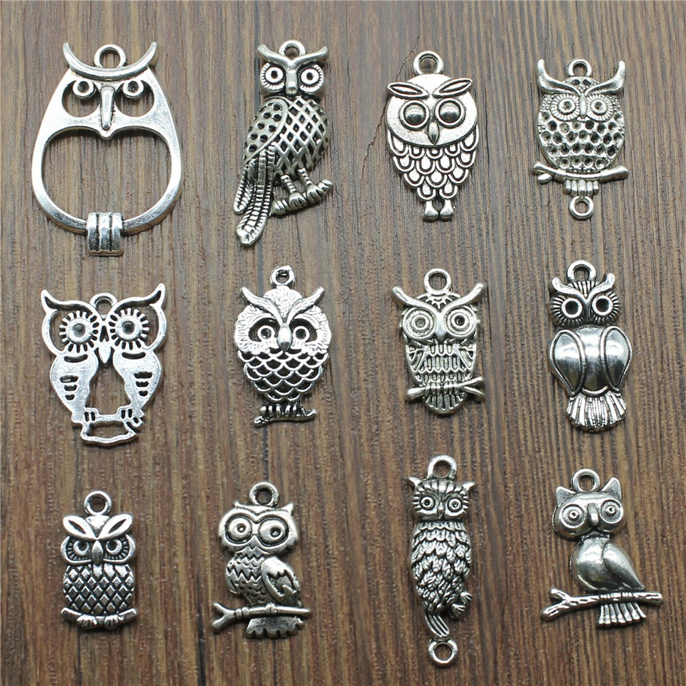 Vintage Jewelry Collection - 10pcs Charms Owl Antique Silver Color